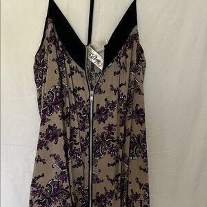 L8teR Beige Floral Strap Tank with Purple and Black Accents